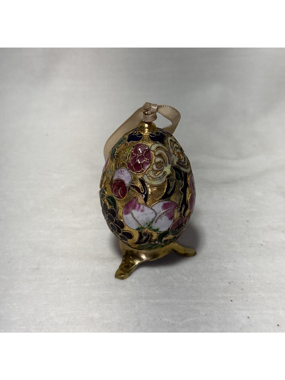 NYCO Egg Enameled Hanging Ornament with Floral Design Gold Accents With Stand
